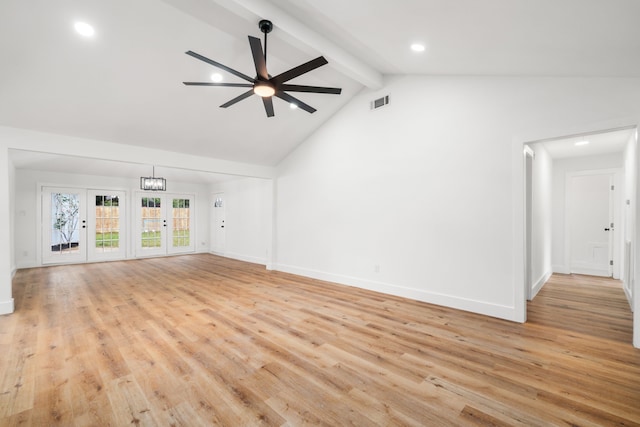 9030 Tanager St, Houston, TX 77036 - unfurnished living room featuring beamed ceiling, a ceiling fan, light wood finished floors, recessed lighting, and high vaulted ceiling