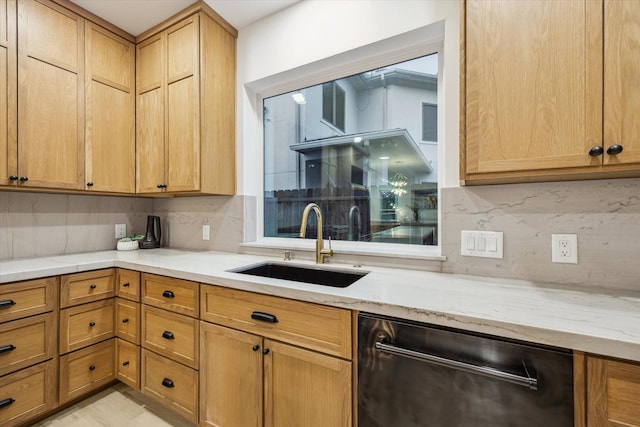 5005 Chestnut St, Bellaire, TX 77401 - kitchen with dishwashing machine, decorative backsplash, and light stone countertops