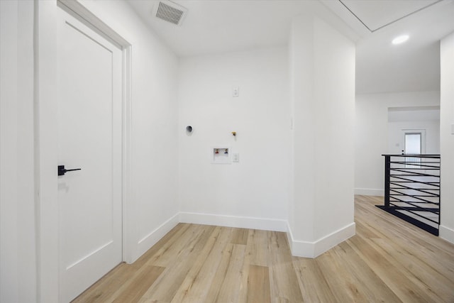 5005 Chestnut St, Bellaire, TX 77401 - washroom featuring washer hookup, light wood-style floors, electric dryer hookup, attic access, and recessed lighting