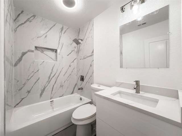 14214 Morinscott, Houston, TX 77049 - bathroom featuring vanity, tub / shower combination, a textured ceiling, and a textured wall