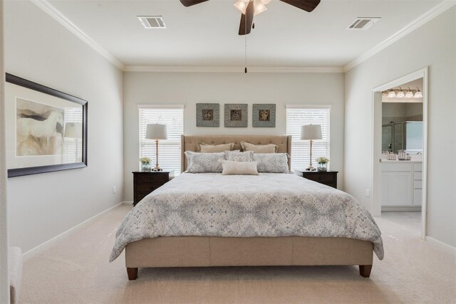 3210 Falling Brook Dr, Baytown, TX 77521 - bedroom featuring light carpet, ornamental molding, connected bathroom, and a ceiling fan