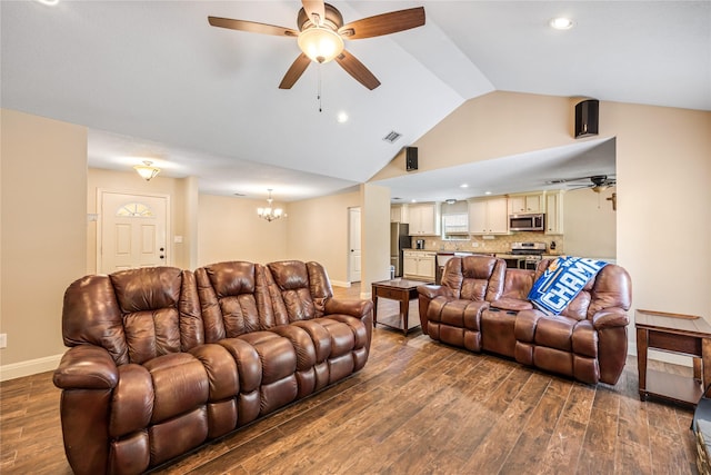 2546 Anzalone Dr, Spring, TX 77373 - living area featuring ceiling fan, dark wood finished floors, a chandelier, recessed lighting, and high vaulted ceiling