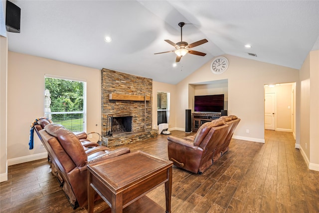 2546 Anzalone Dr, Spring, TX 77373 - living area with a fireplace, dark wood-style floors, ceiling fan, and lofted ceiling