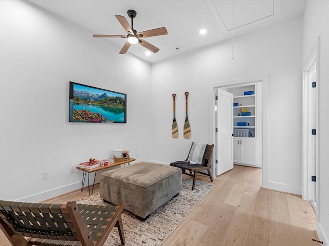 5240 Cornish Unit B, Houston, TX 77007 - sitting room featuring attic access, light wood finished floors, a ceiling fan, and recessed lighting