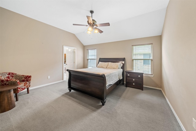 5207 Caprock Dr, Pearland, TX 77584 - bedroom featuring multiple windows, vaulted ceiling, carpet, and a ceiling fan