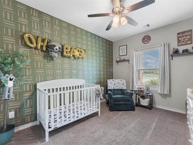 70 Rd 22705, Cleveland, TX 77327 - carpeted bedroom featuring wallpapered walls, a nursery area, and ceiling fan