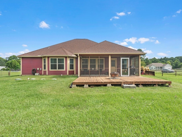 70 Rd 22705, Cleveland, TX 77327 - back of house with a sunroom, a wooden deck, and a shingled roof