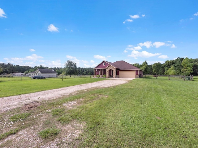 70 Rd 22705, Cleveland, TX 77327 - ranch-style house featuring dirt driveway, a garage, and a view of countryside