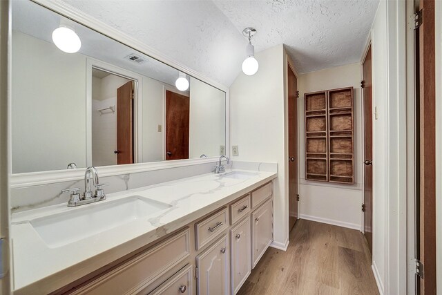 3507 Dawnwood Dr, Spring, TX 77380 - bathroom featuring wood finished floors, double vanity, and a textured ceiling