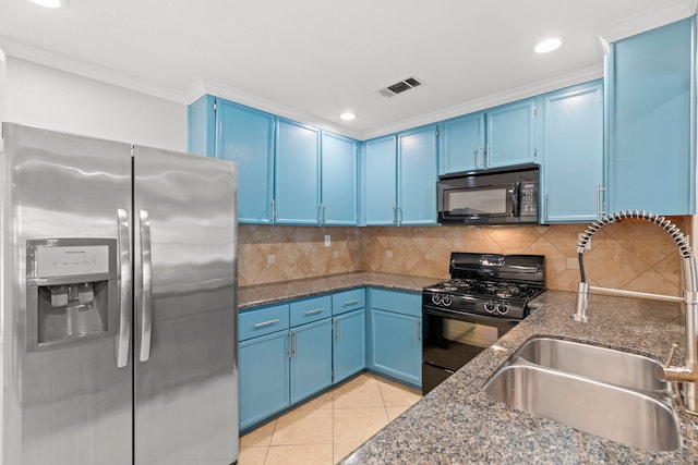 5110 Verdome Ln, Houston, TX 77092 - kitchen featuring black appliances, blue cabinetry, dark stone countertops, ornamental molding, and tasteful backsplash