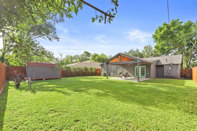 5110 Verdome Ln, Houston, TX 77092 - fenced backyard with a patio area and a storage unit