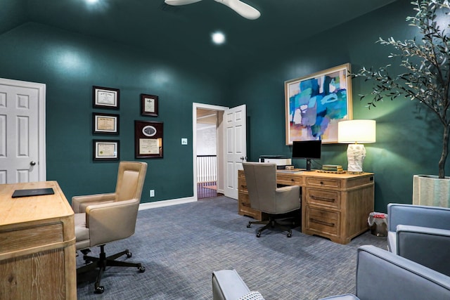 4502 Buffalo Lake Ct, Richmond, TX 77406 - office with vaulted ceiling, dark carpet, and ceiling fan