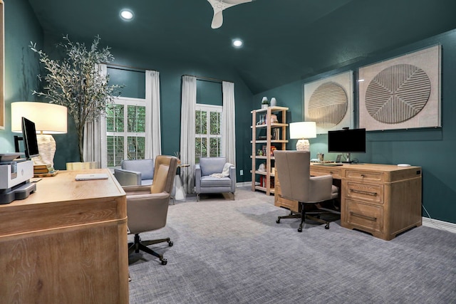 4502 Buffalo Lake Ct, Richmond, TX 77406 - home office with carpet flooring, recessed lighting, and vaulted ceiling