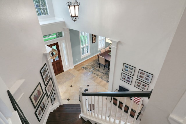 4502 Buffalo Lake Ct, Richmond, TX 77406 - foyer entrance with a high ceiling, a chandelier, and wood finished floors