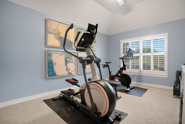 4502 Buffalo Lake Ct, Richmond, TX 77406 - workout room with carpet flooring, lofted ceiling, and ceiling fan