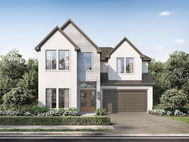5920 Lake St, Houston, TX 77005 - view of front facade with stucco siding, driveway, a garage, french doors, and stone siding