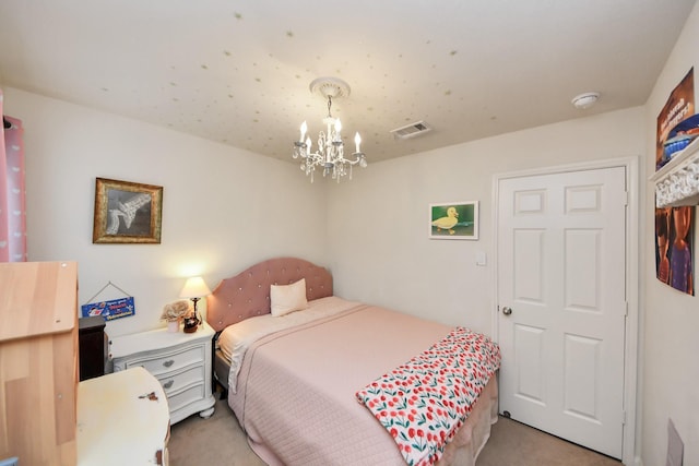 38327 Miranda Ln, Magnolia, TX 77355 - bedroom featuring light colored carpet and a chandelier