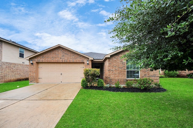 38327 Miranda Ln, Magnolia, TX 77355 - ranch-style home featuring brick siding, a garage, a front yard, and concrete driveway
