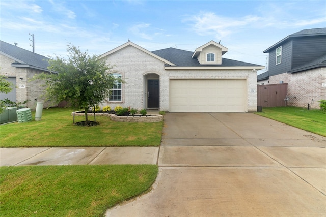 214 Water Grass Trl, Clute, TX 77531 - french country inspired facade featuring brick siding, a front yard, concrete driveway, and a garage