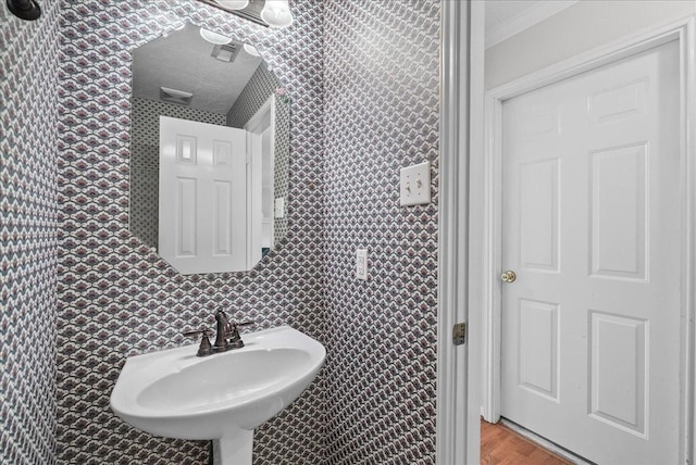 1726 Kemah Oaks Dr, Kemah, TX 77565 - bathroom with ornamental molding and wood finished floors
