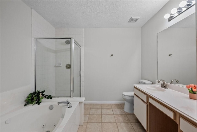 1726 Kemah Oaks Dr, Kemah, TX 77565 - bathroom with a tub with jets, a textured ceiling, vanity, and a stall shower