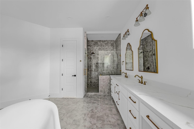 2031 Peppermill Rd, Houston, TX 77080 - bathroom with marble finish flooring, double vanity, a soaking tub, and a stall shower