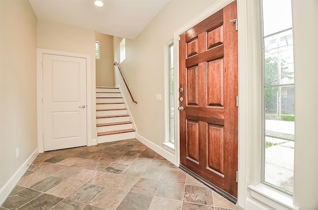 222 Knox St Unit F, Houston, TX 77007 - foyer with stairs, light stone finish flooring, and recessed lighting