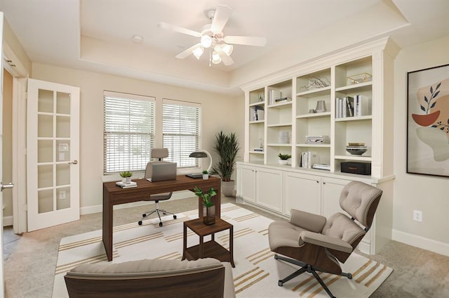 222 Knox St Unit F, Houston, TX 77007 - office with a tray ceiling, light carpet, and a ceiling fan