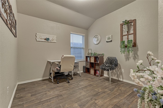 11503 Parrot Fish Ct, Conroe, TX 77304 - office space with vaulted ceiling, wood finished floors, and a textured wall