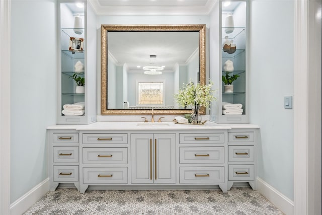 1114 W Cottage St, Houston, TX 77009 - bathroom with crown molding, vanity, and a chandelier