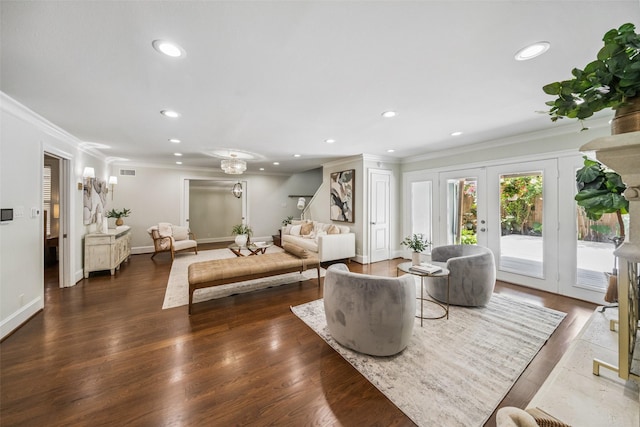 1114 W Cottage St, Houston, TX 77009 - living room featuring crown molding, recessed lighting, wood finished floors, and french doors