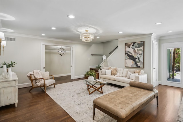 1114 W Cottage St, Houston, TX 77009 - living area featuring a chandelier, ornamental molding, recessed lighting, and dark wood-style flooring