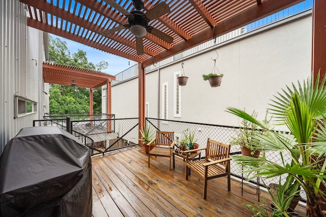 1821 Tuam St, Houston, TX 77004 - wooden deck featuring a ceiling fan, a pergola, and grilling area