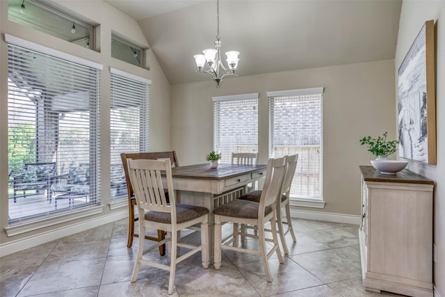 29114 Davenport Dr, Katy, TX 77494 - dining room with a chandelier, vaulted ceiling, and light tile patterned floors