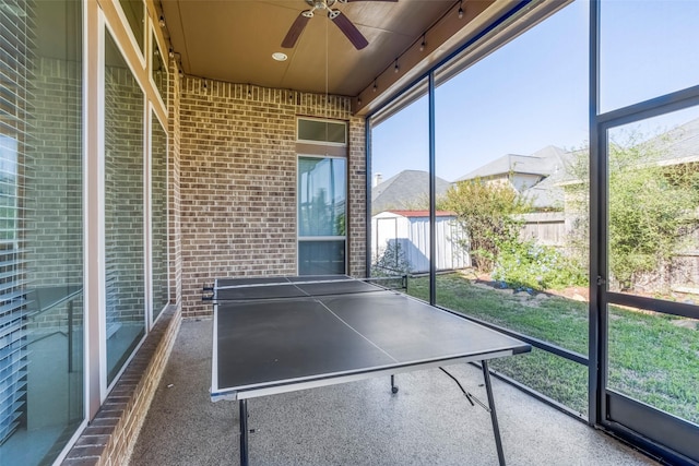 29114 Davenport Dr, Katy, TX 77494 - game room featuring ceiling fan and brick wall
