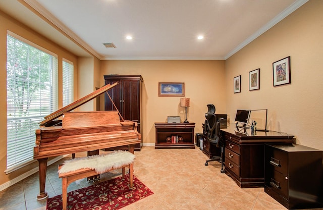 20303 Misty River Way, Cypress, TX 77433 - office area with plenty of natural light, light tile patterned floors, crown molding, and recessed lighting