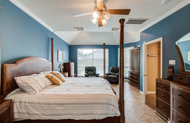 20303 Misty River Way, Cypress, TX 77433 - bedroom featuring crown molding, light tile patterned floors, ceiling fan, and vaulted ceiling