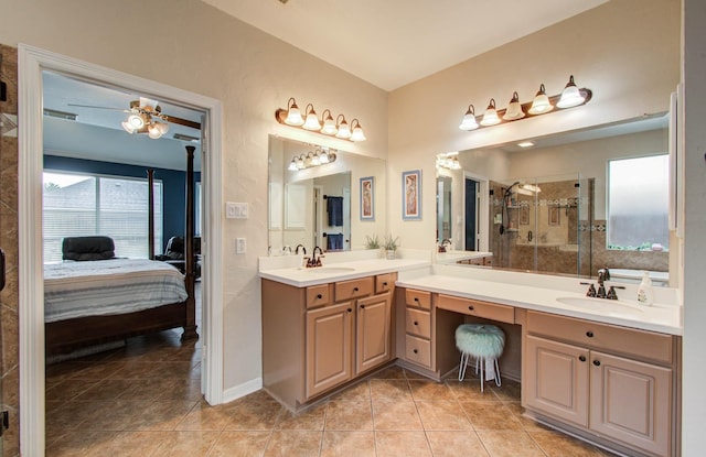 20303 Misty River Way, Cypress, TX 77433 - ensuite bathroom featuring a stall shower, tile patterned floors, and double vanity