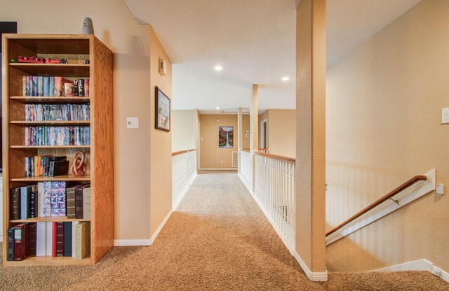 20303 Misty River Way, Cypress, TX 77433 - corridor with carpet floors, an upstairs landing, recessed lighting, and a wainscoted wall