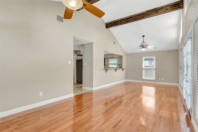902 Grove Rd, Clear Lake Shores, TX 77565 - unfurnished living room featuring ceiling fan, beamed ceiling, high vaulted ceiling, and light wood-style flooring