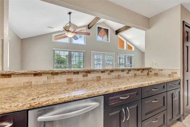 902 Grove Rd, Clear Lake Shores, TX 77565 - kitchen featuring stainless steel dishwasher, a ceiling fan, tasteful backsplash, and light stone countertops