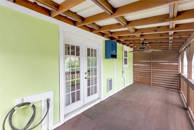 902 Grove Rd, Clear Lake Shores, TX 77565 - unfurnished sunroom with french doors, beam ceiling, and a ceiling fan