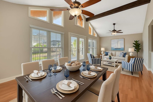 902 Grove Rd, Clear Lake Shores, TX 77565 - dining area with a ceiling fan, light wood-type flooring, french doors, high vaulted ceiling, and beamed ceiling