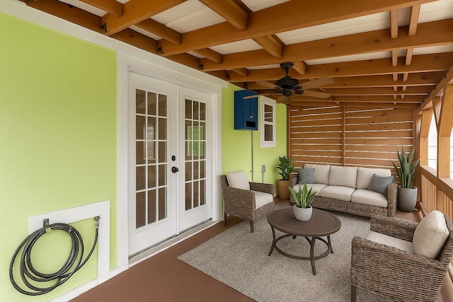 902 Grove Rd, Clear Lake Shores, TX 77565 - sunroom / solarium with french doors, beam ceiling, ceiling fan, and an outdoor hangout area