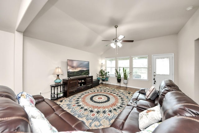 32726 Timber Point Dr, Brookshire, TX 77423 - living room featuring a ceiling fan, lofted ceiling, and wood finished floors
