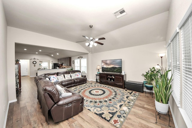 32726 Timber Point Dr, Brookshire, TX 77423 - living area with vaulted ceiling, hardwood / wood-style floors, and ceiling fan