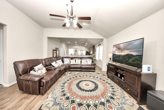 32726 Timber Point Dr, Brookshire, TX 77423 - living room with a ceiling fan, wood finished floors, and vaulted ceiling