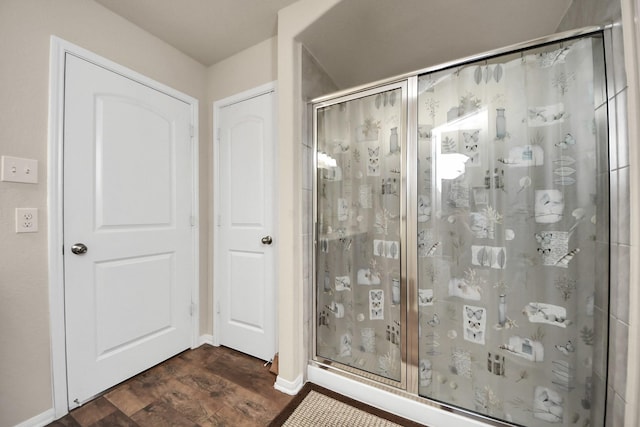 32726 Timber Point Dr, Brookshire, TX 77423 - bathroom featuring a shower stall and wood finished floors