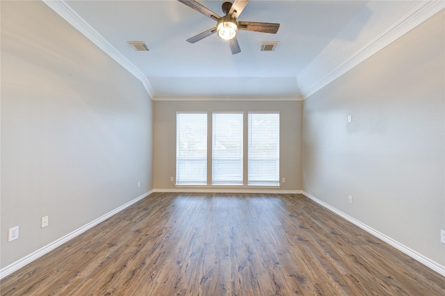 18511 Yellowstone Trl, Humble, TX 77346 - empty room with ceiling fan, crown molding, and dark wood-type flooring