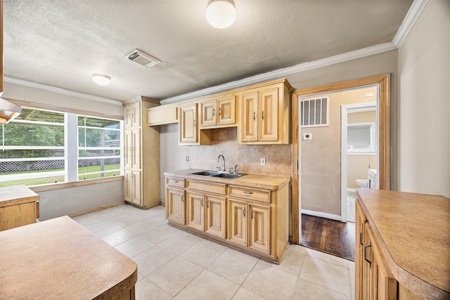 5419 Firefly Ave, Houston, TX 77017 - kitchen with crown molding, a textured ceiling, tasteful backsplash, and light tile patterned floors